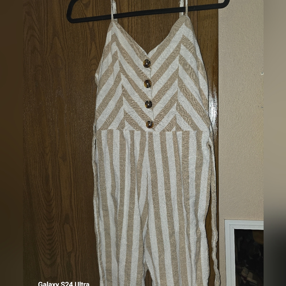 Kensie Jeans Striped Tan Jumpsuit